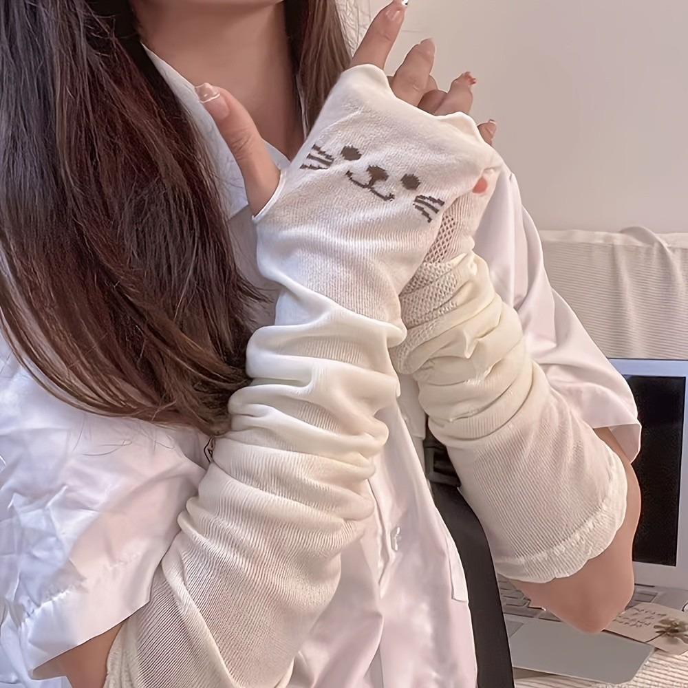 1 Pair Cute Cat Print Arm Cove - Fingerless Glove Knit のレビューと価格
