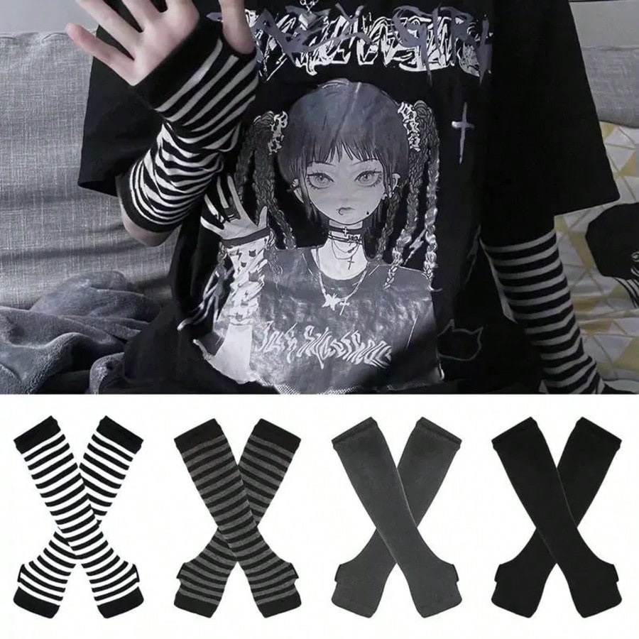 1 Pair Y2K Punk Striped Knitte - Fingerless Glove Knit のレビューと価格