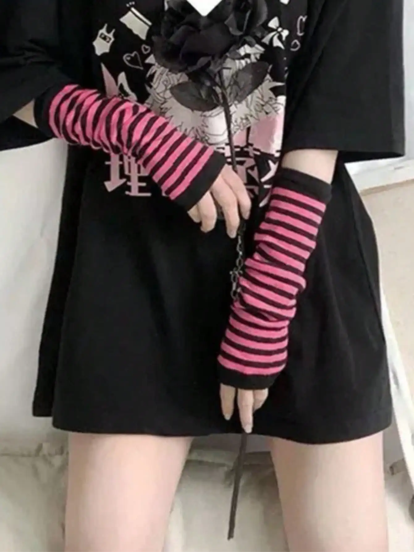 1 Pair Y2K Punk Striped Knitte - Fingerless Glove Knit のレビューと価格
