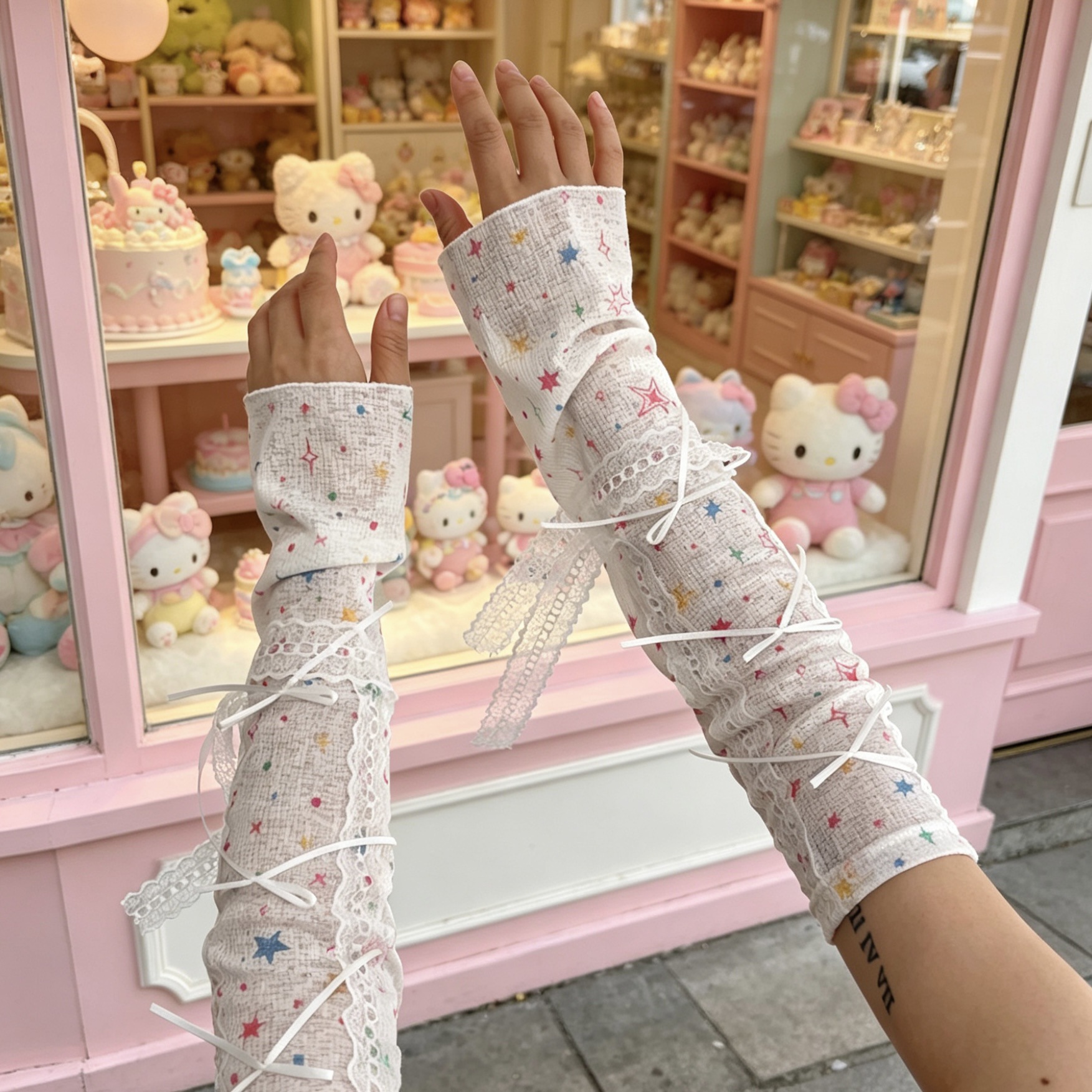 Kawaii Star Print Lace Arm Sle - Fingerless Glove Knit のレビューと価格
