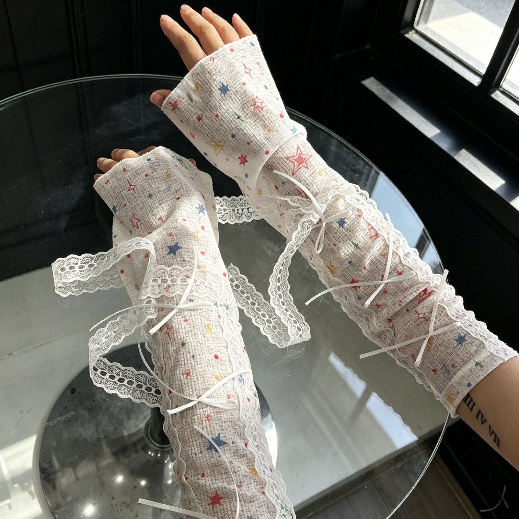 Kawaii Star Print Lace Arm Sle - Fingerless Glove Knit のレビューと価格